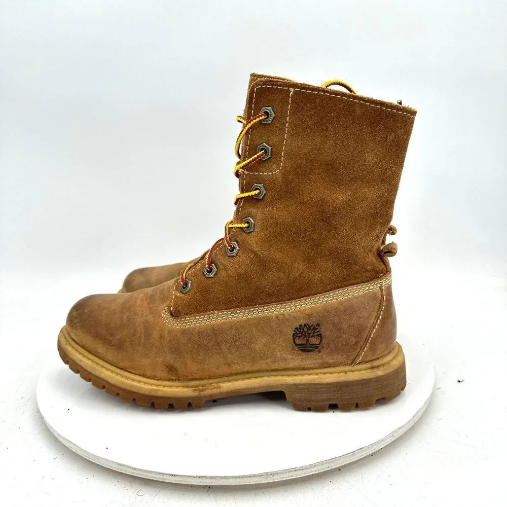 Timberland Teddy Women Size 8M Brown Leather Fleece Fold Down Waterproof Boot
